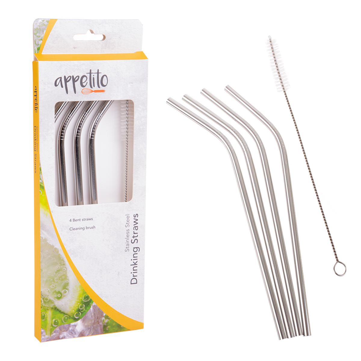 Stainless Steel Bent Drinking Straws Set 4 W/ Brush