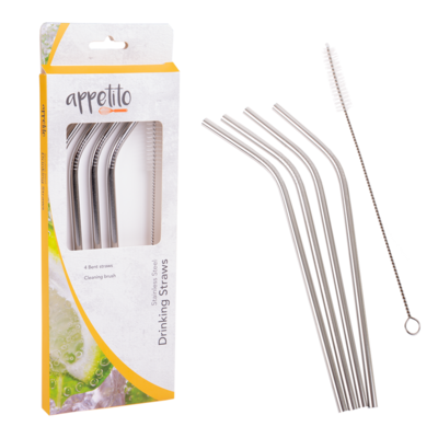 Stainless Steel Bent Drinking Straws Set 4 W/ Brush