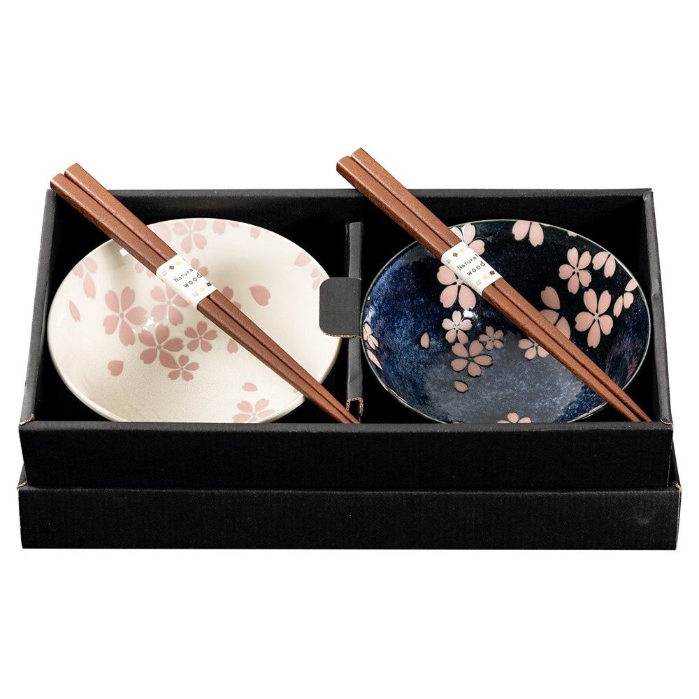 Omotenashi HASSUIZAKURA Set 2 Bowls &amp; 2 Chopsticks - White &amp; Blue 15Dx7H
