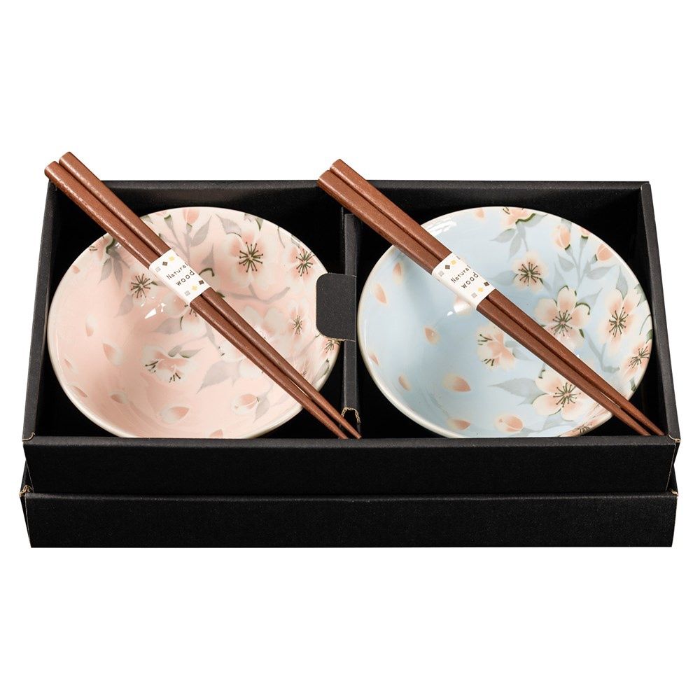 Omotenashi EDAZAKURA Set 2 Bowls &amp; 2 Chopsticks - Pink &amp; Blue 15Dx7H