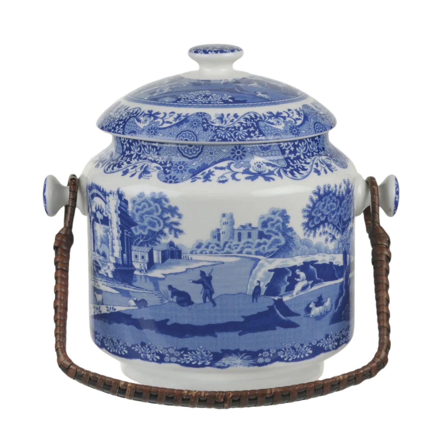 Blue Italian Biscuit Barrel With Rattan Handle 9&quot;/23cm
