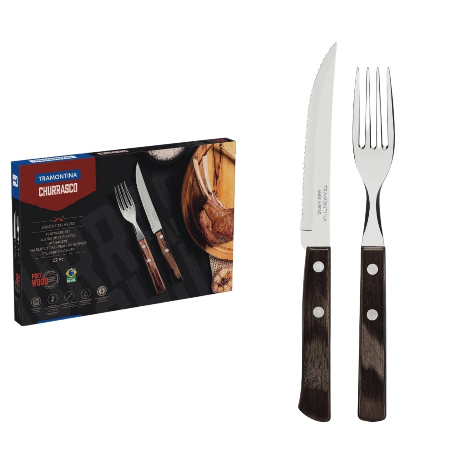 12-Piece Stainless-Steel Flatware Set with Brown Polywood Handles