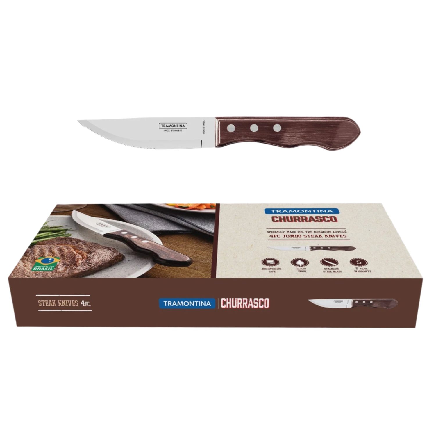 Jumbo Steak Knife with Stainless-Steel Blade and Treated Red Polywood Handle 5&quot;
