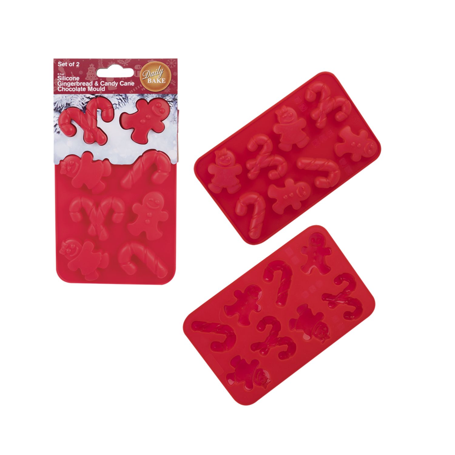 Silicone Gingerbread &amp; Candy Cane 8 Cup Chocolate Mould Set 2 - Red