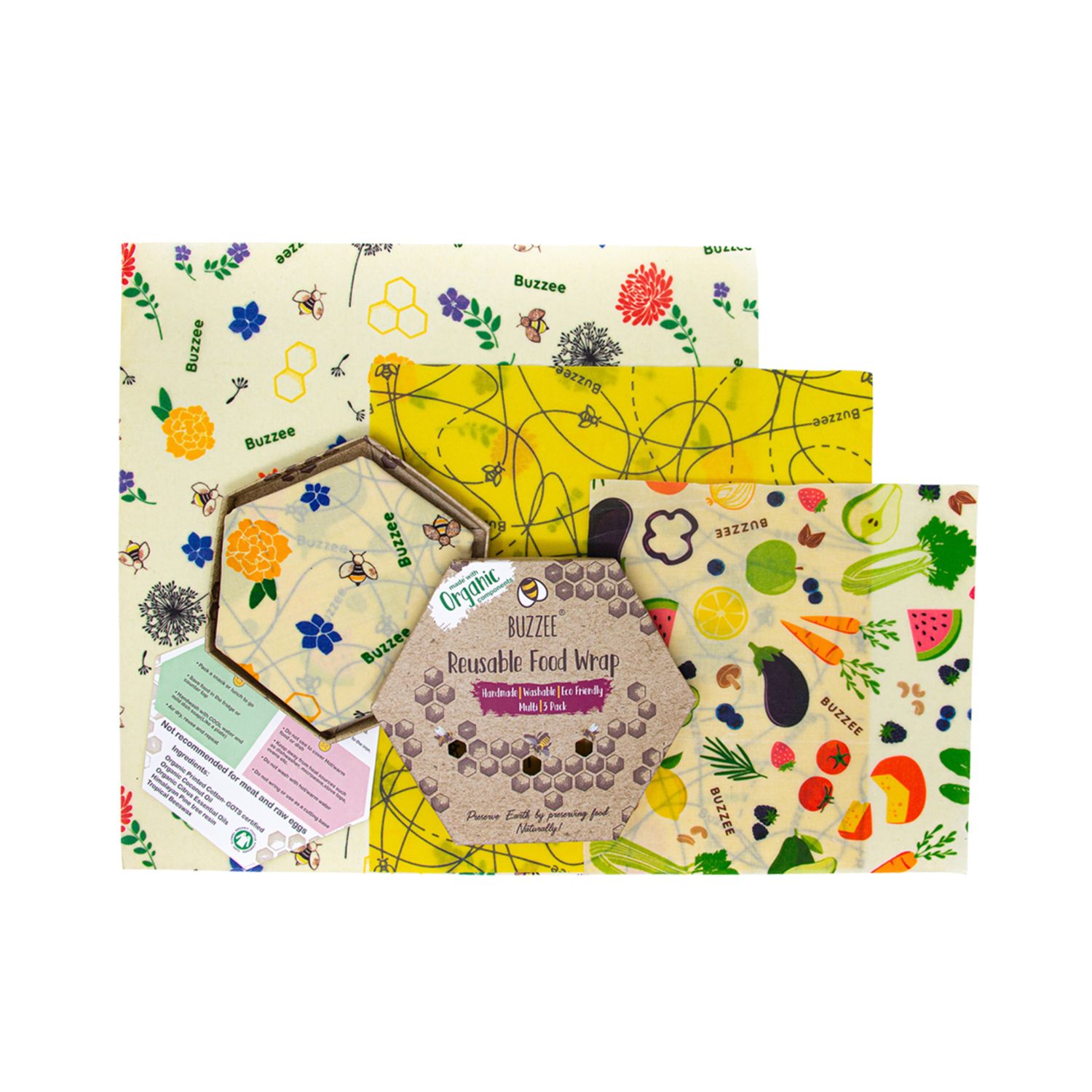 Organic Beeswax Wraps Pack of 3 / Asst. Designs
