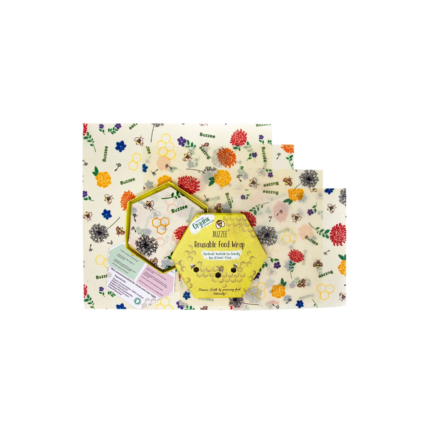 Organic Beeswax Wraps Pack of 4- Bees At Work / Bees At Work