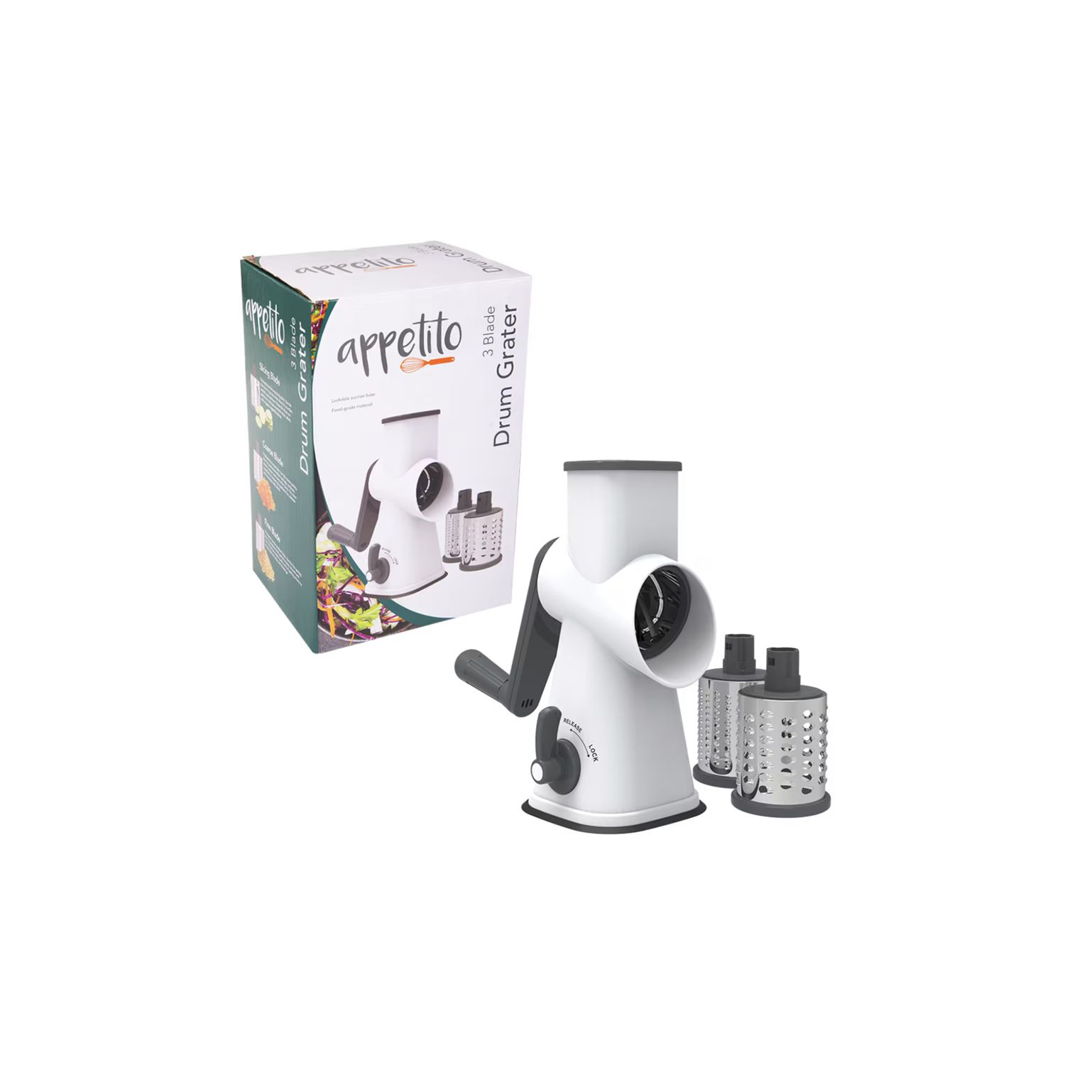 3 Blade Drum Grater with Lockable Suction Base - White/Grey, Colour: White/Grey