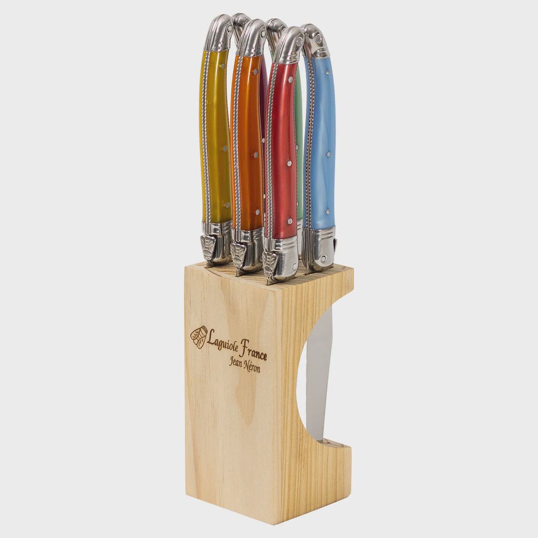 Jean Neron 6 Piece Steak Knife in Slim Wooden Block - 3 Colors, Colour: Mixed