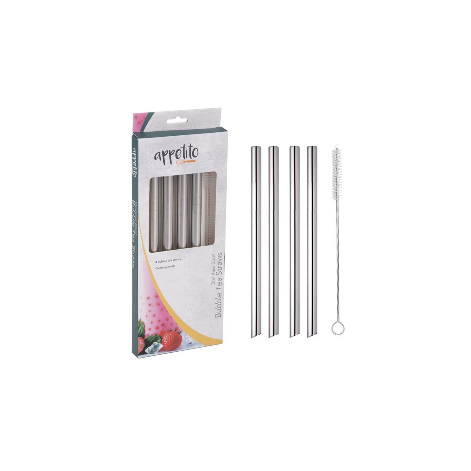 Stainless Steel Bubble Tea Straws Set 4 with Brush 220 X 12mm