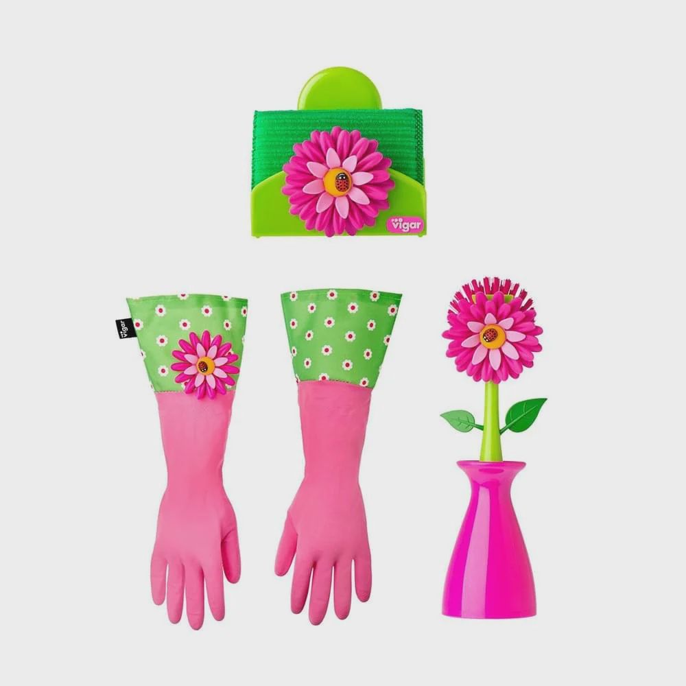 Vigar Flower Power Set (Gloves, Pink Dish Brush With Vase, Sponge Holder)