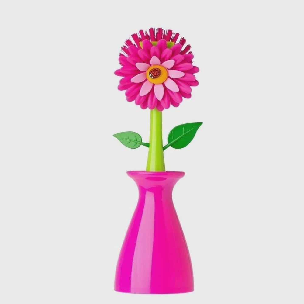 Vigar Flower Power Pink Dish Brush With Vase