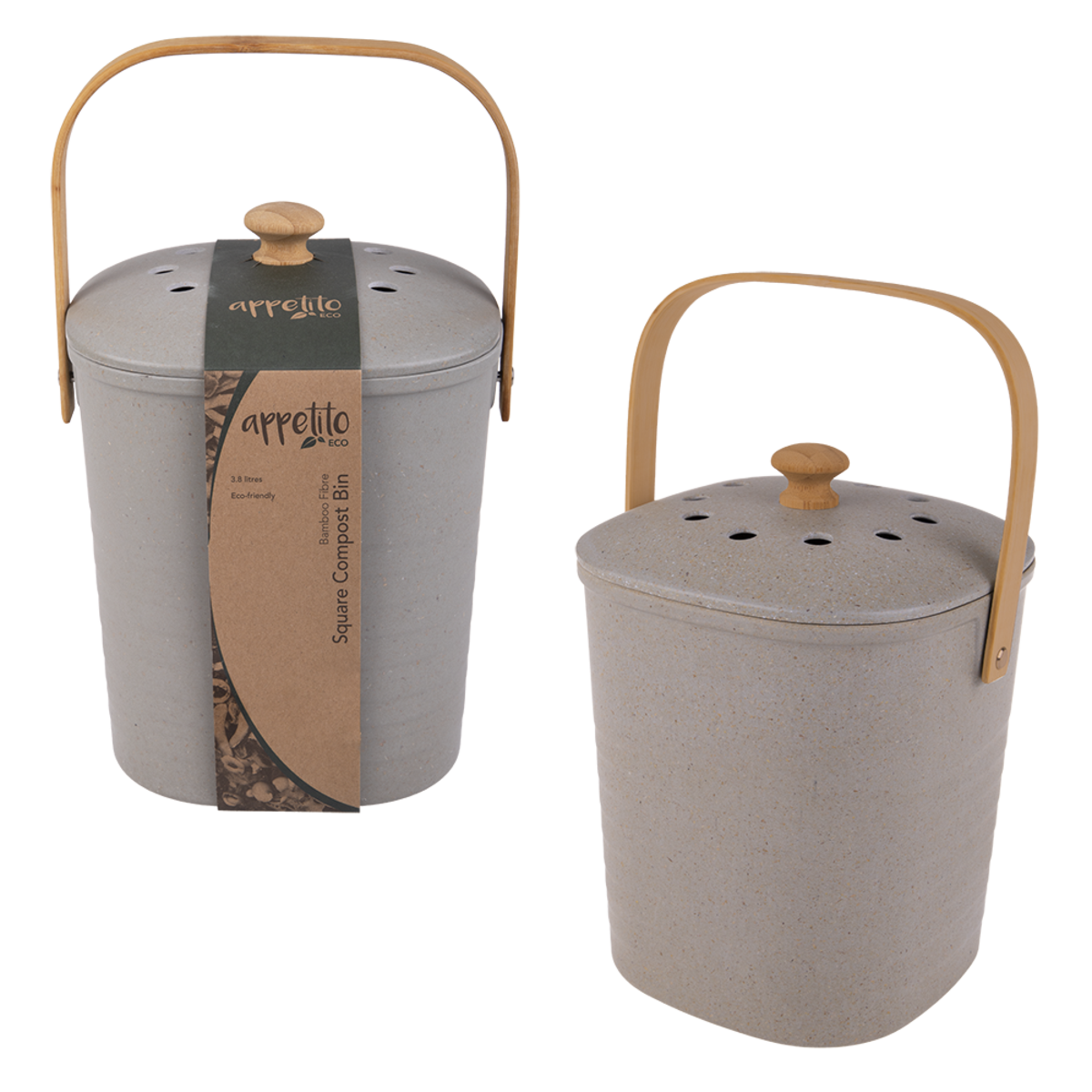 Appetito Square Bamboo Fibre Compost Bin 3.8L- Grey