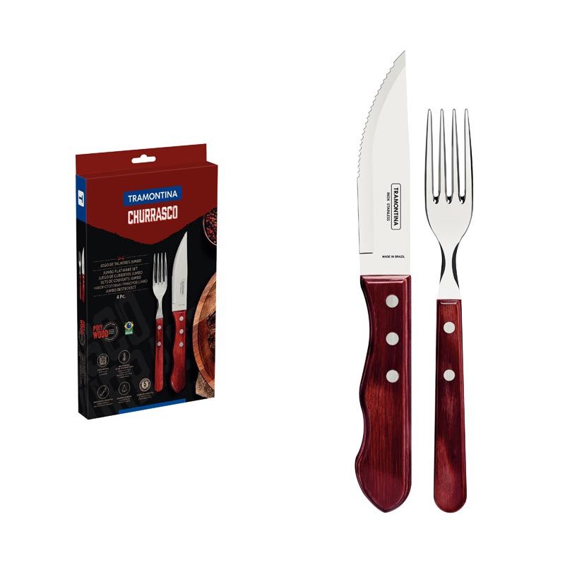 Churrasco 4-Piece Jumbo Flatware Set with Stainless-Steel Blades and Treated Red Poly wood Handles