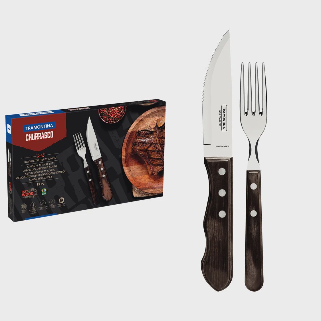 12 Piece Poly Wood Jumbo Steak Knife Set with Brown Handles