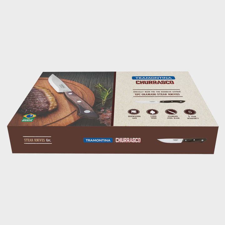 Churrasco 6 Piece 10cm Gramado Steak Knives with Brown Poly Wood Handles