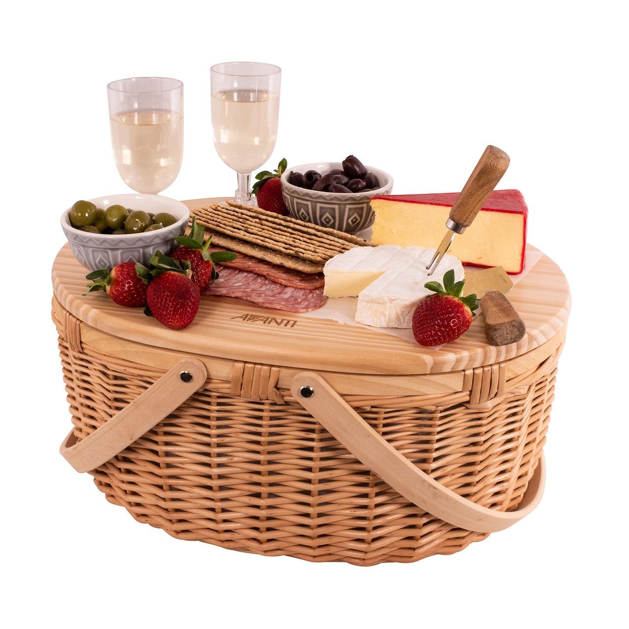 2 Person Pine Top Round Insulated Picnic Basket-Flora