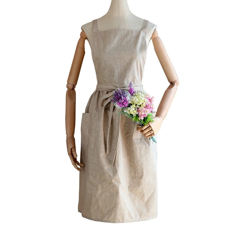 Dynasty Dress-Style Cross-Back Water Proof Apron with Double Pockets - Oat