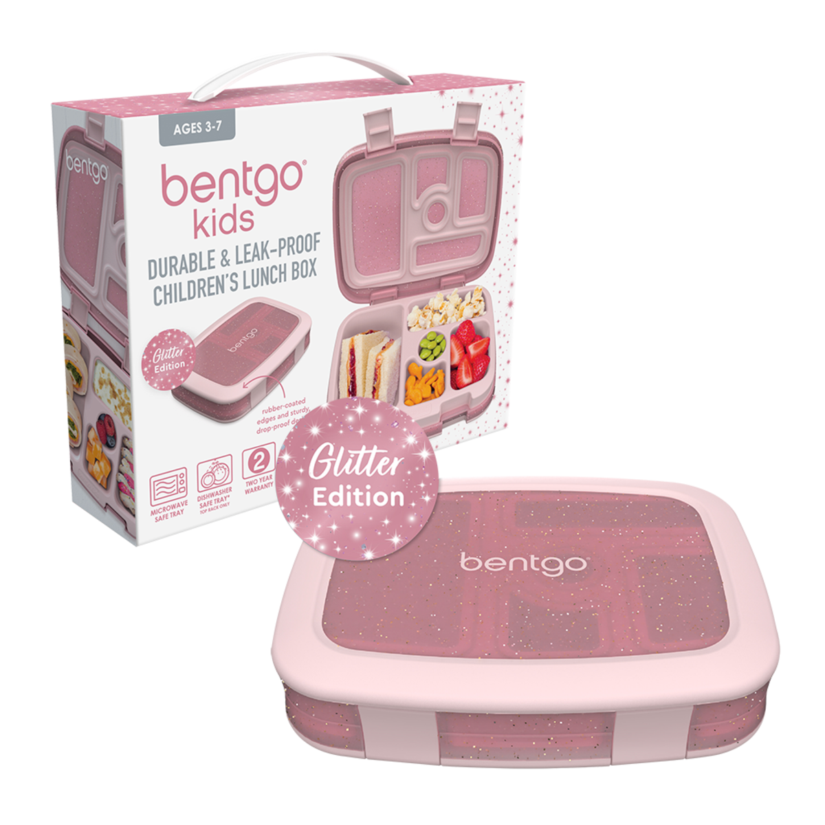 Kid's Print Leak-Proof Bento Lunch Box - 11 Colours, Colour: Petal Pink Glitter