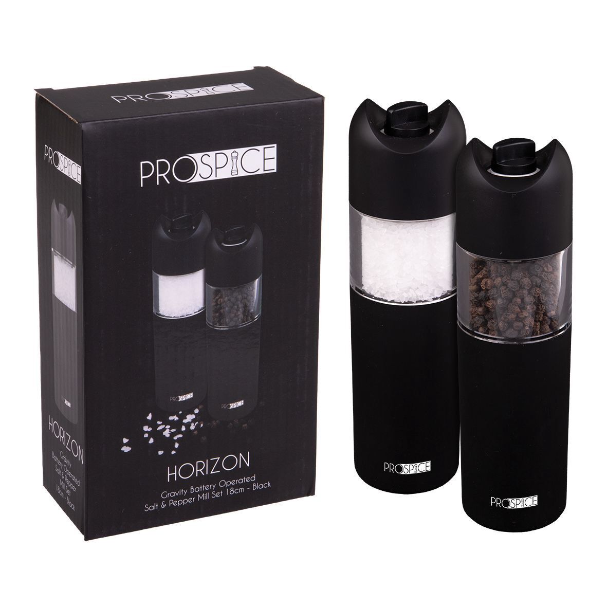 Horizon Gravity Battery Operated Salt &amp; Pepper Mill Set 18Cm - Black, Colour: Black