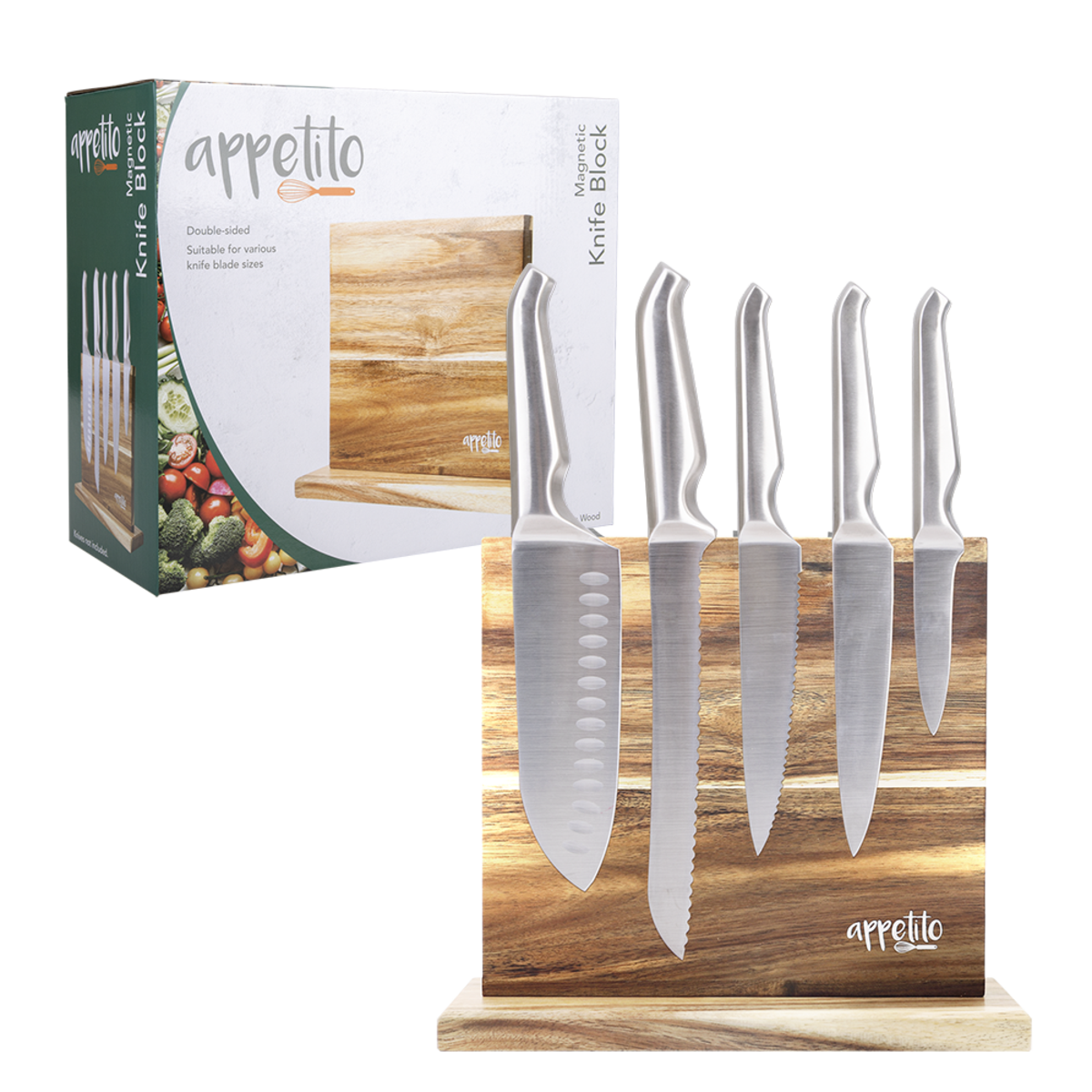 Magnetic Knife Stand Double Sided - Acacia Wood, Colour: Acacia Wood