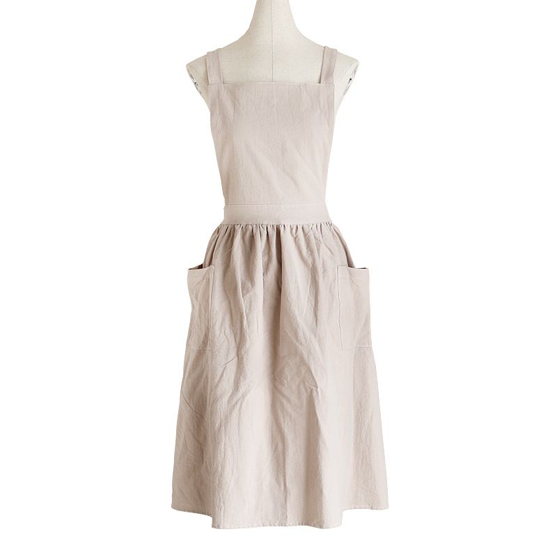 Dynasty Dress-Style Cross-Back Cotton Apron, Color: Cream