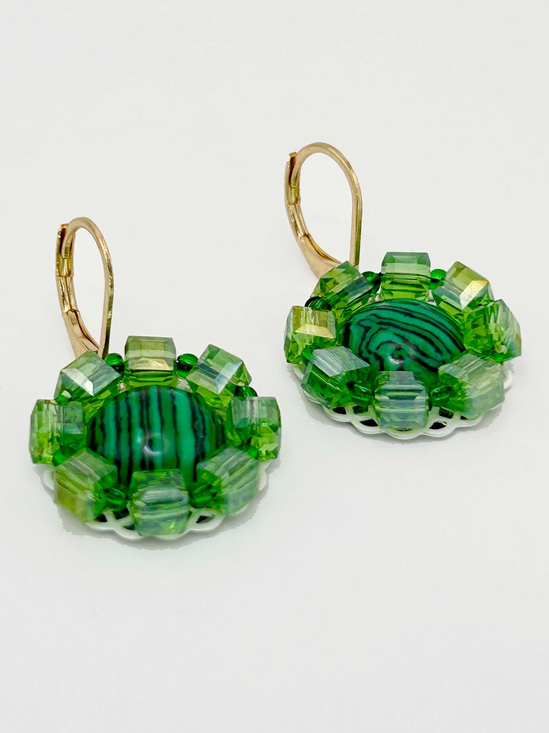 Lulua, gold colored stainless steel ear hook with green Malachite.