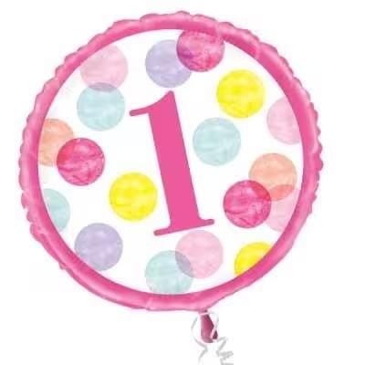 Folieballon rund, Pink Dots, 1. Geburtstag