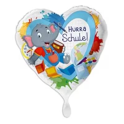 Ballon Einschulung &quot;Hurra Schule&quot;, Motiv Elefant, Herzförmiger Folienballon