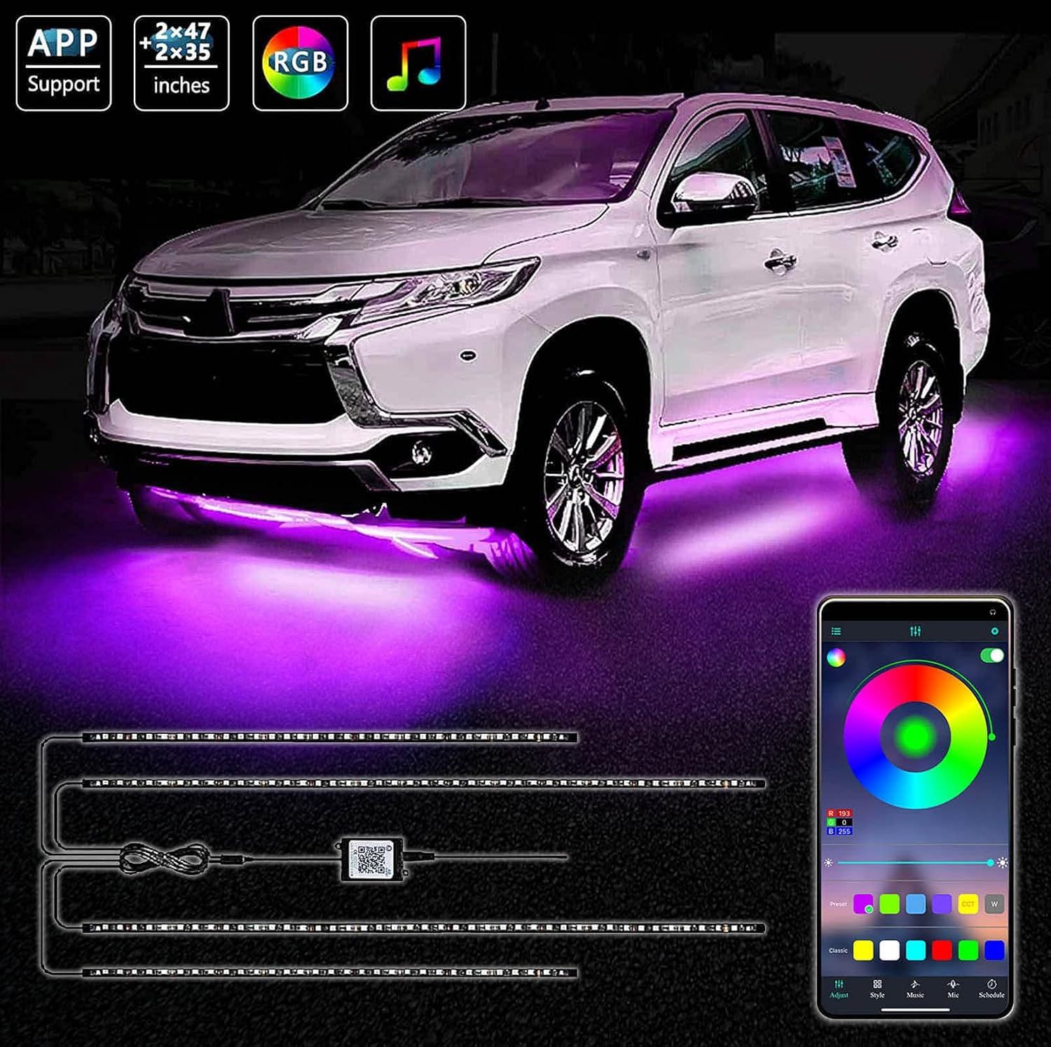 Exterior Car Underglow LED Strip Lights, 16 Million Colors
