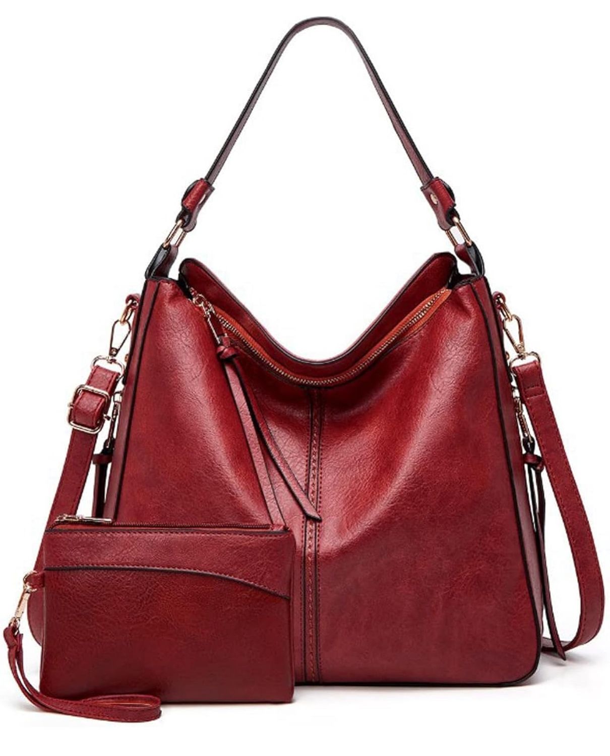 Maroon Vegan Leather Shoulder Bag w/ Zipper Wallet