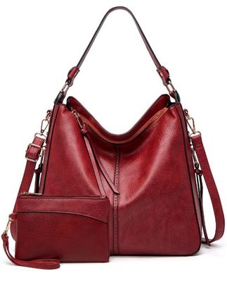 Maroon Vegan Leather Shoulder Bag w/ Zipper Wallet
