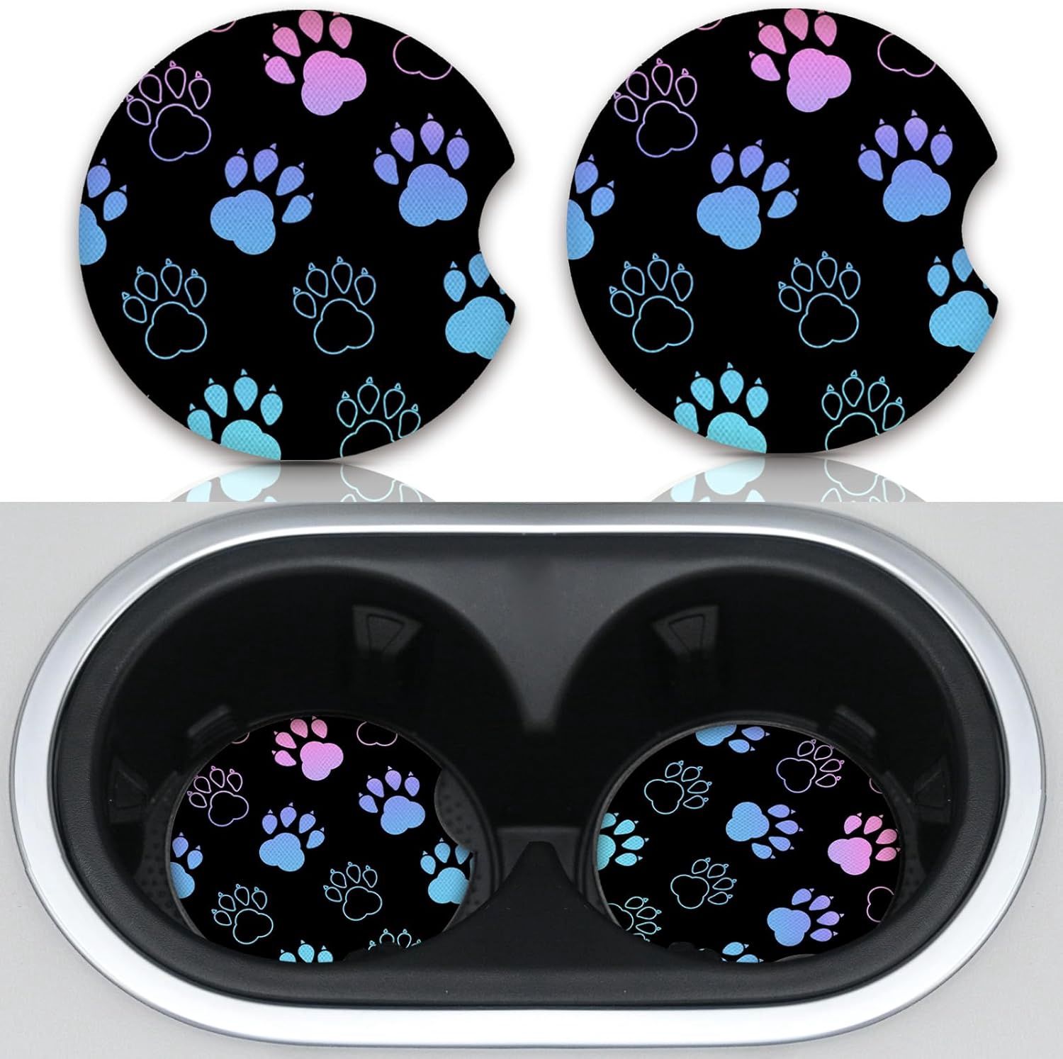 Absorbent Neoprene Car Cup Holder Coaster 2pc Set-Dog Print
