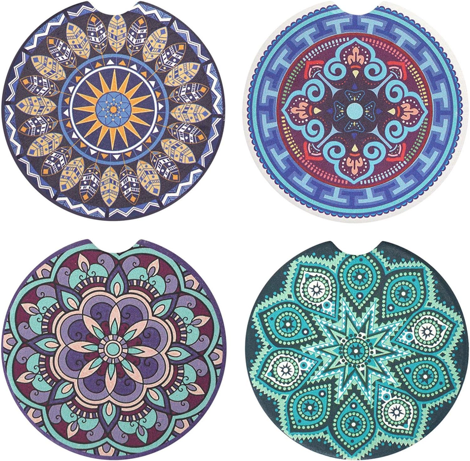 Mandala Ceramic Car Cup Holder Coaster 4pc Set-Multi