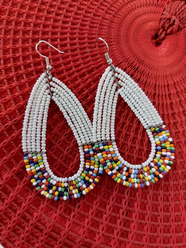 Beaded hoop earrings - White with multicoloured bottom