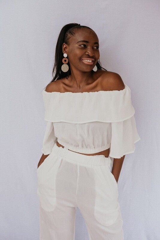 Two Piece Off Shoulder Top and Long Pants (White)
