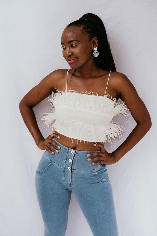 Spagetti Strap Ostritch Feather Top (White)