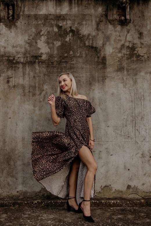 Long Puff Sleeve Leopard Print Dress (Black)
