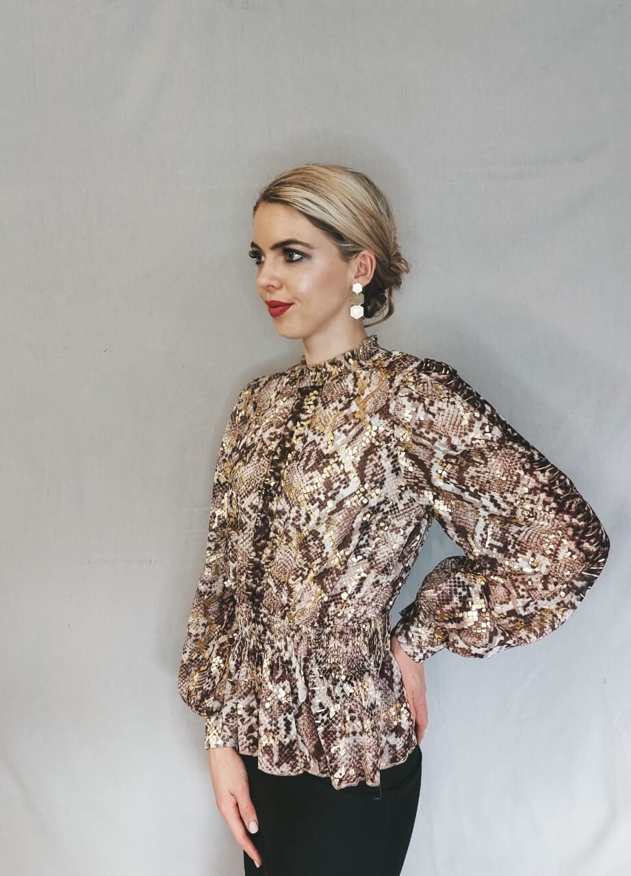 Longsleeve Chiffon Snakeskin Shirt (Brown)