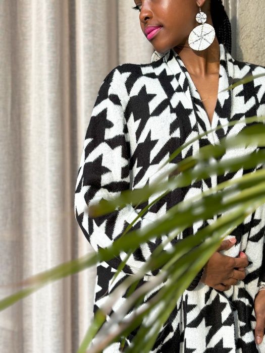Longsleeve Houndstooth Pattern Loose Jersey (Black &amp;amp; White)