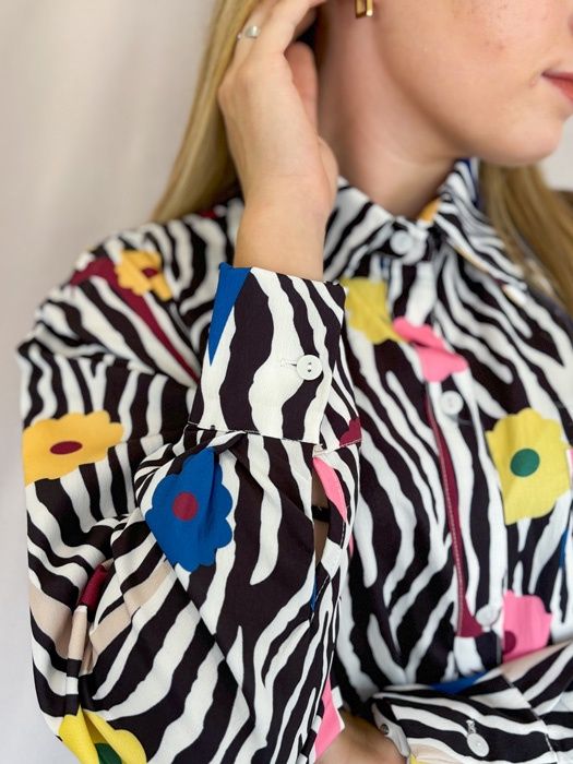 Longsleeve Zebra Floral Combo Shirt (White with Black)