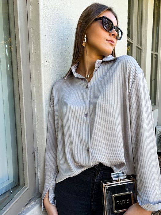 Longsleeve Striped Satin Shirt (Grey)