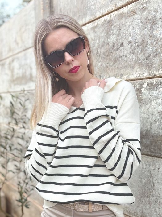 Longsleeve Striped Jersey with Collar (Cream with Black)