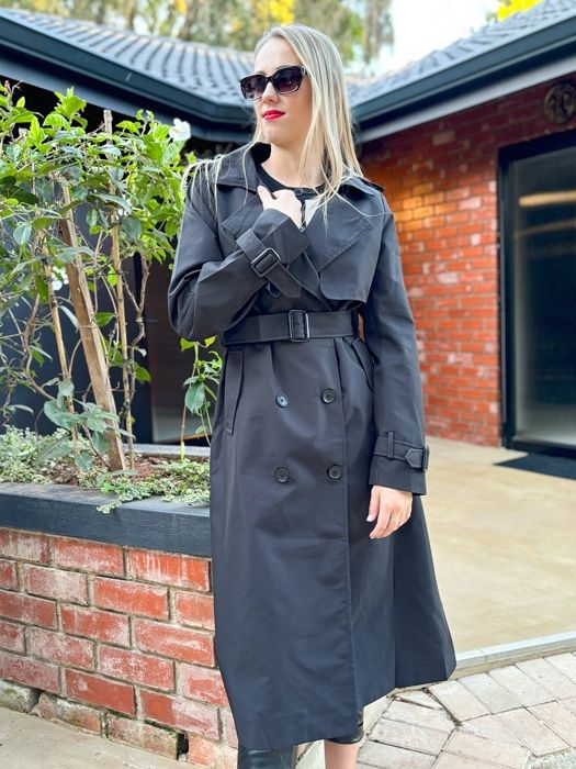 Longsleeve Double Button Trench Coat (Black), Size: XSmall