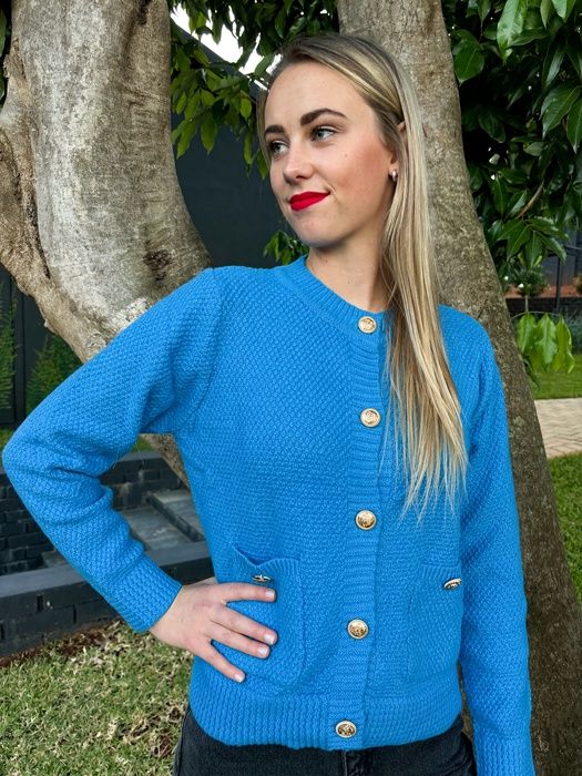 Longsleeve Cardigan Jersey with Gold Buttons (Blue)