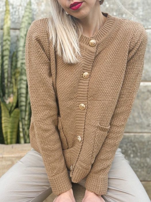 Longsleeve Cardigan Jersey with Gold Buttons (Brown)