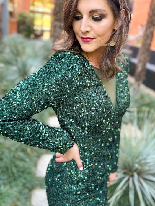 Longsleeve Sequence Dress with Slit (Emerald Green), Size: Rental Fee: Medium-Large