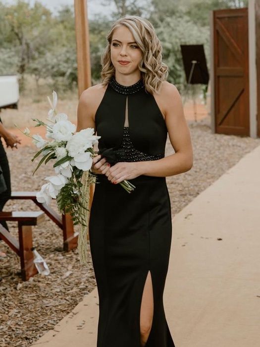 Cold Shoulder Halter-Neck Beaded Dress (Black), Size: Rental Fee: Small-Medium
