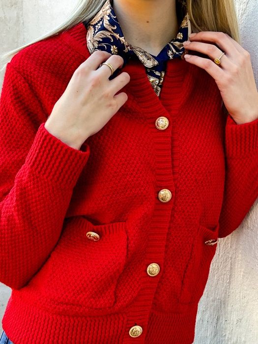 Longsleeve Cardigan Jersey with Gold Buttons (Red)