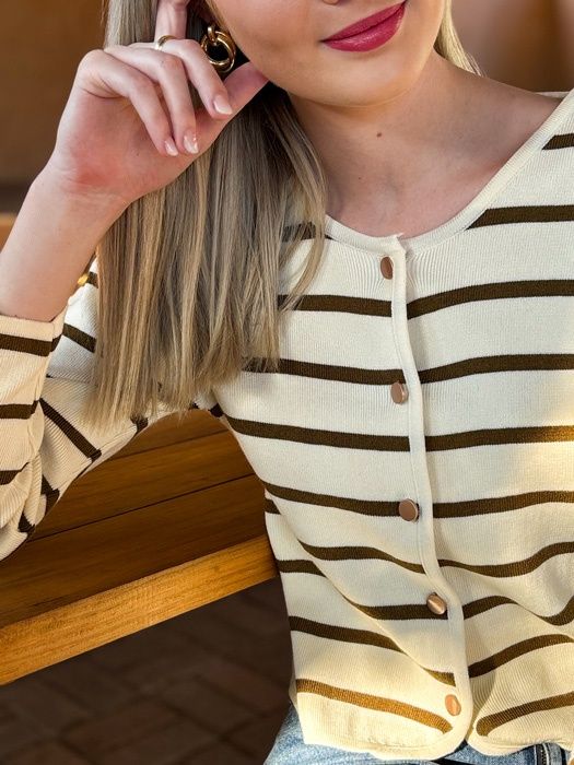 Longsleeve Striped Stretch Cardigan (Cream with Gold)