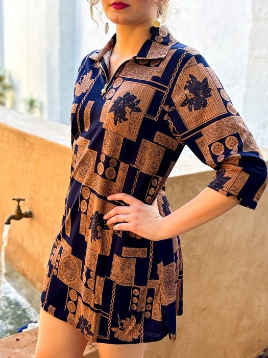 3/4 Sleeve Abstract Patterned Shirt-Dress (Navy &amp; Brown)